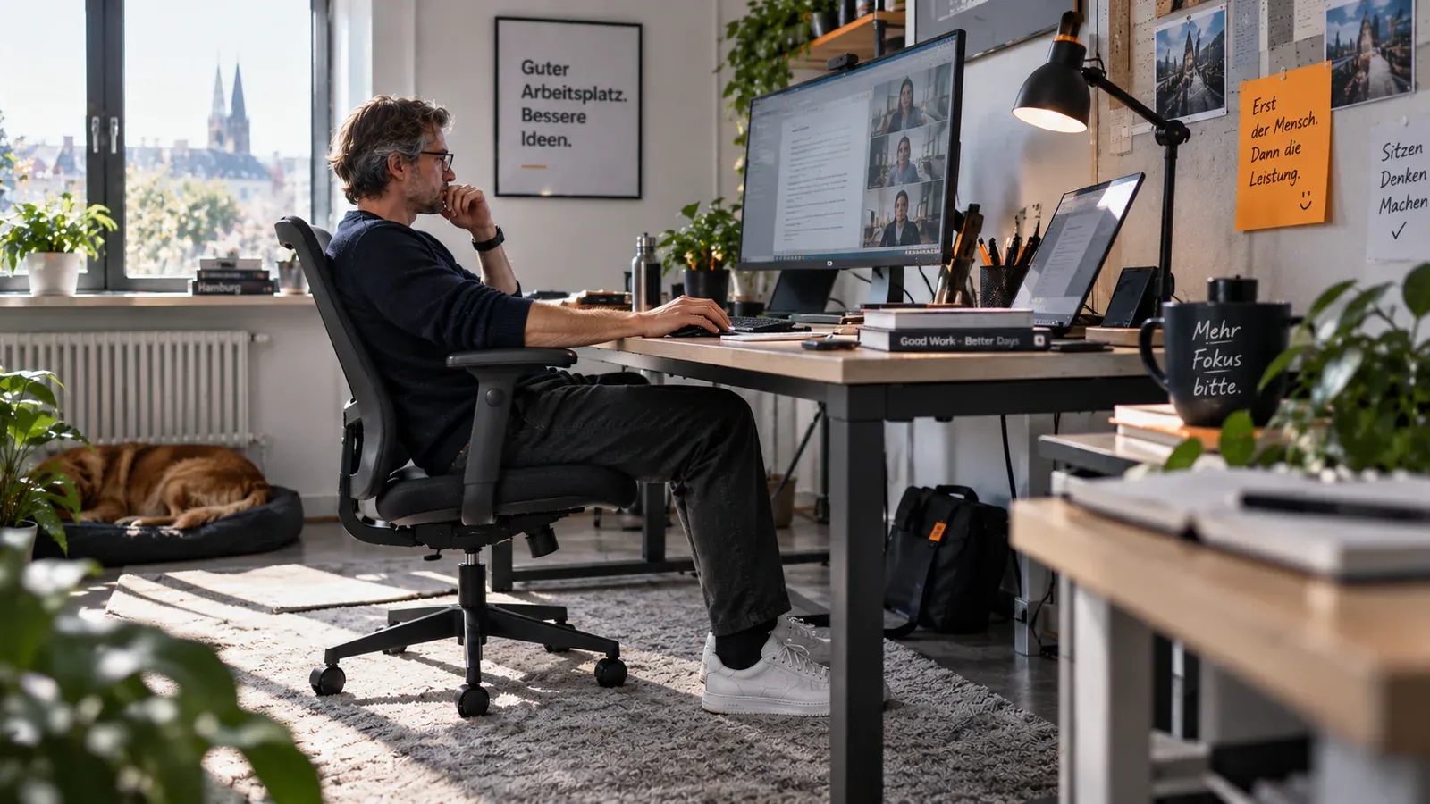 Vollständig eingerichteter ergonomischer Arbeitsplatz mit Stuhl Tisch Bildschirm und Tastatur