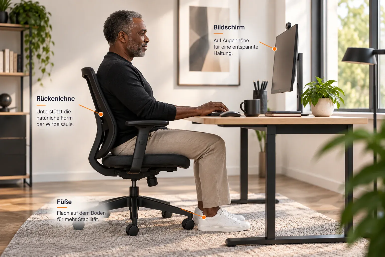 Ergonomisch eingerichteter Bildschirmarbeitsplatz für sitzende Arbeit und regelmäßige Haltungswechsel