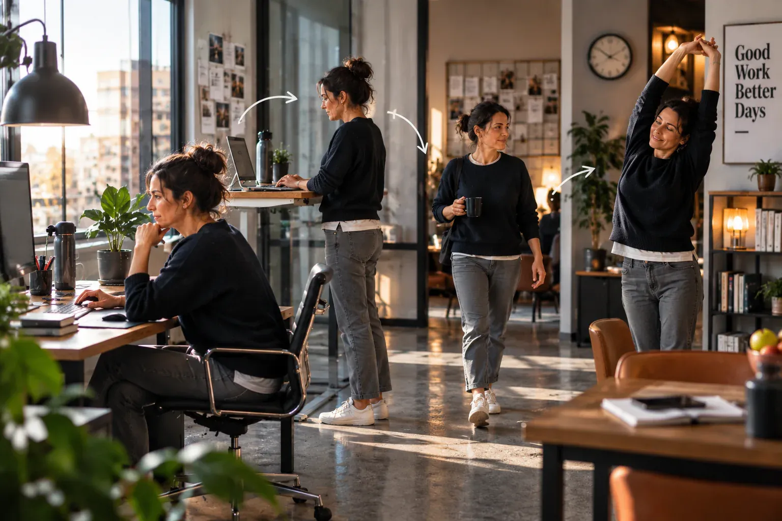 Person wechselt an einem hellen Arbeitsplatz zwischen sitzender und stehender Arbeit