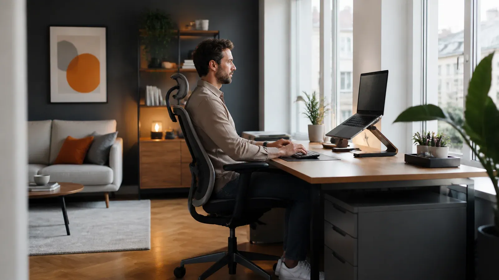Kompakter ergonomischer Homeoffice-Arbeitsplatz in einer hellen Wohnung