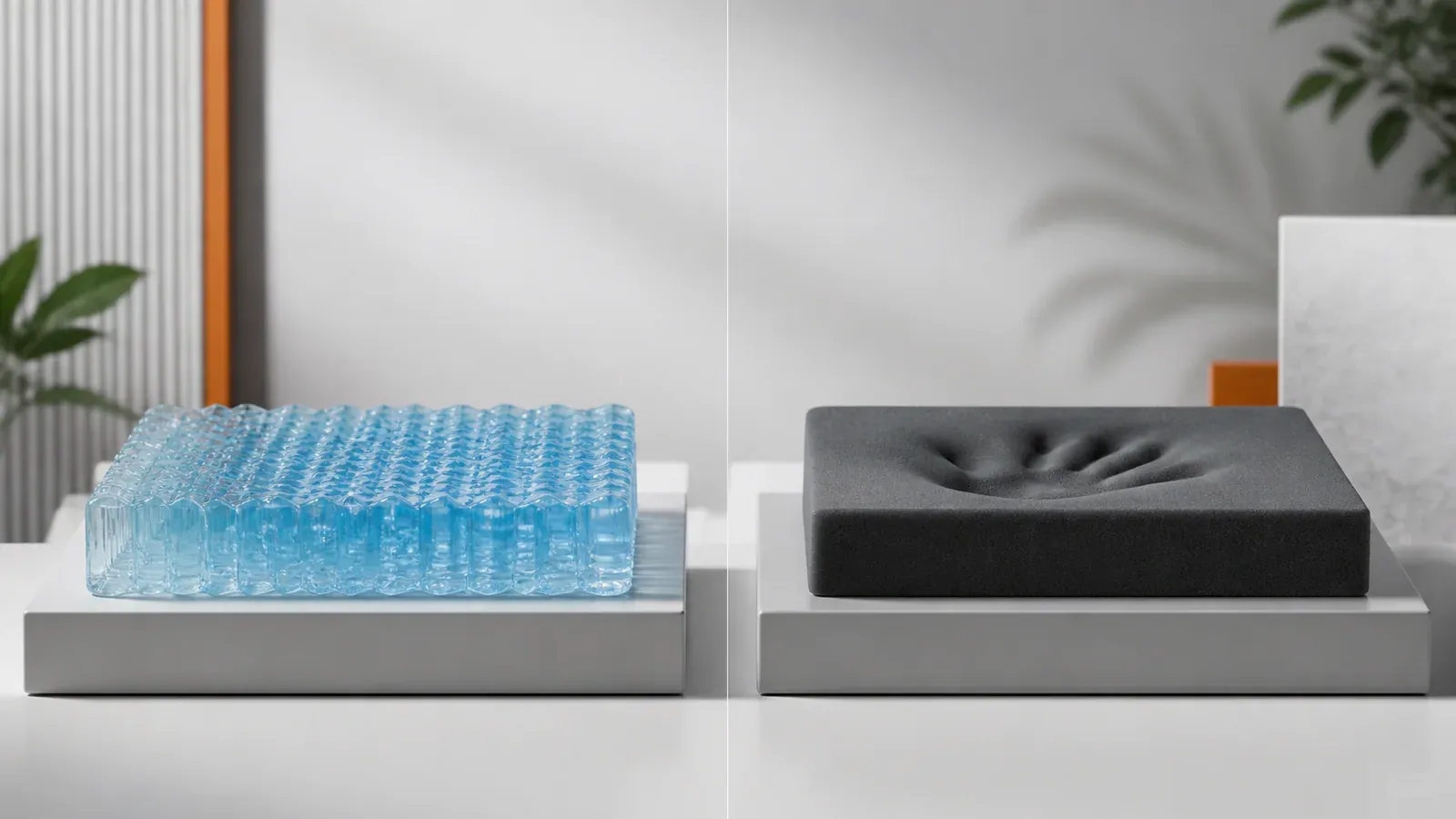 Blaue Gelstruktur und dunkler Memory-Schaum gleichwertig auf zwei neutralen Flächen verglichen