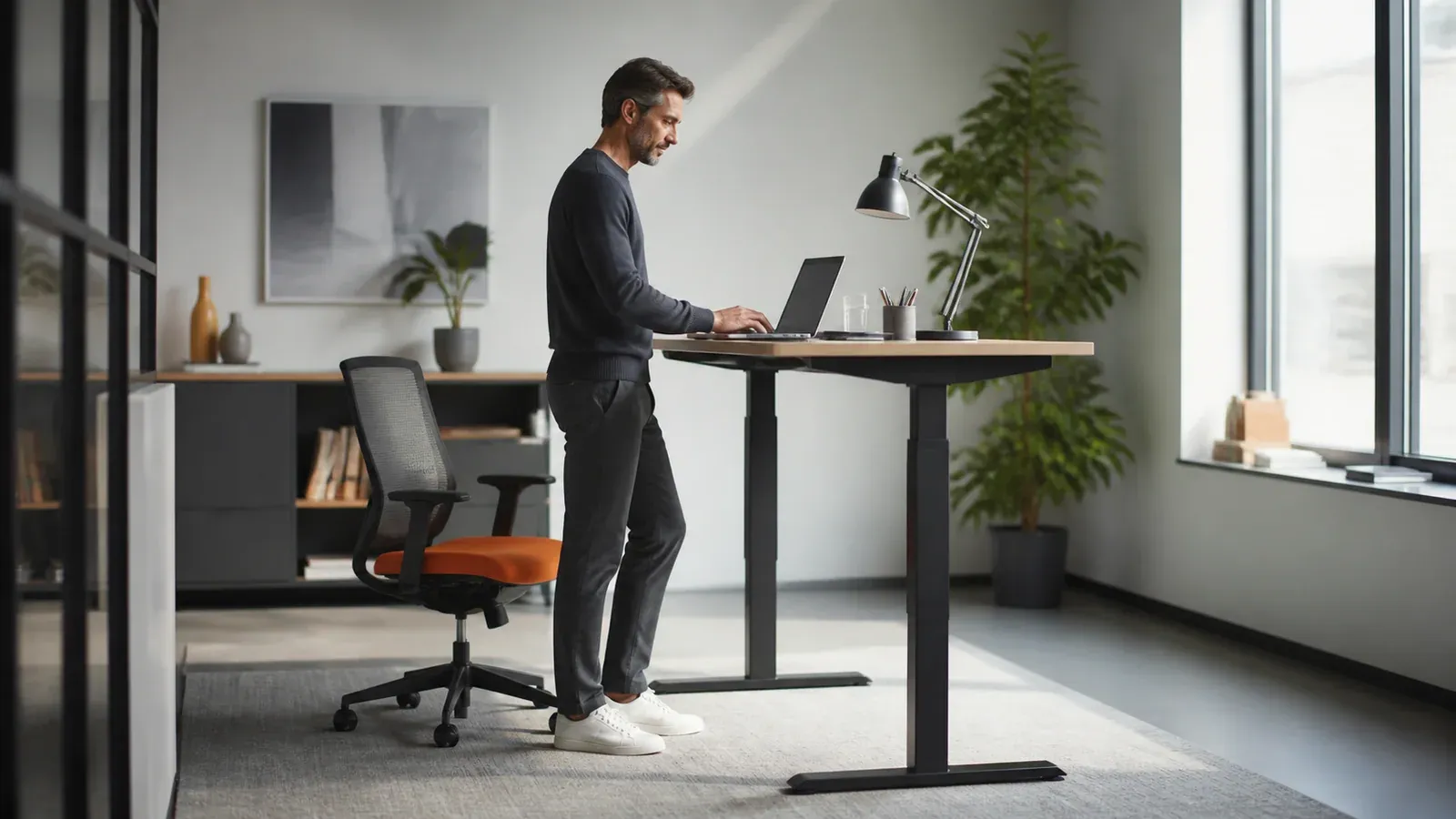 Person wechselt an einem hellen Arbeitsplatz zwischen sitzender und stehender Arbeit