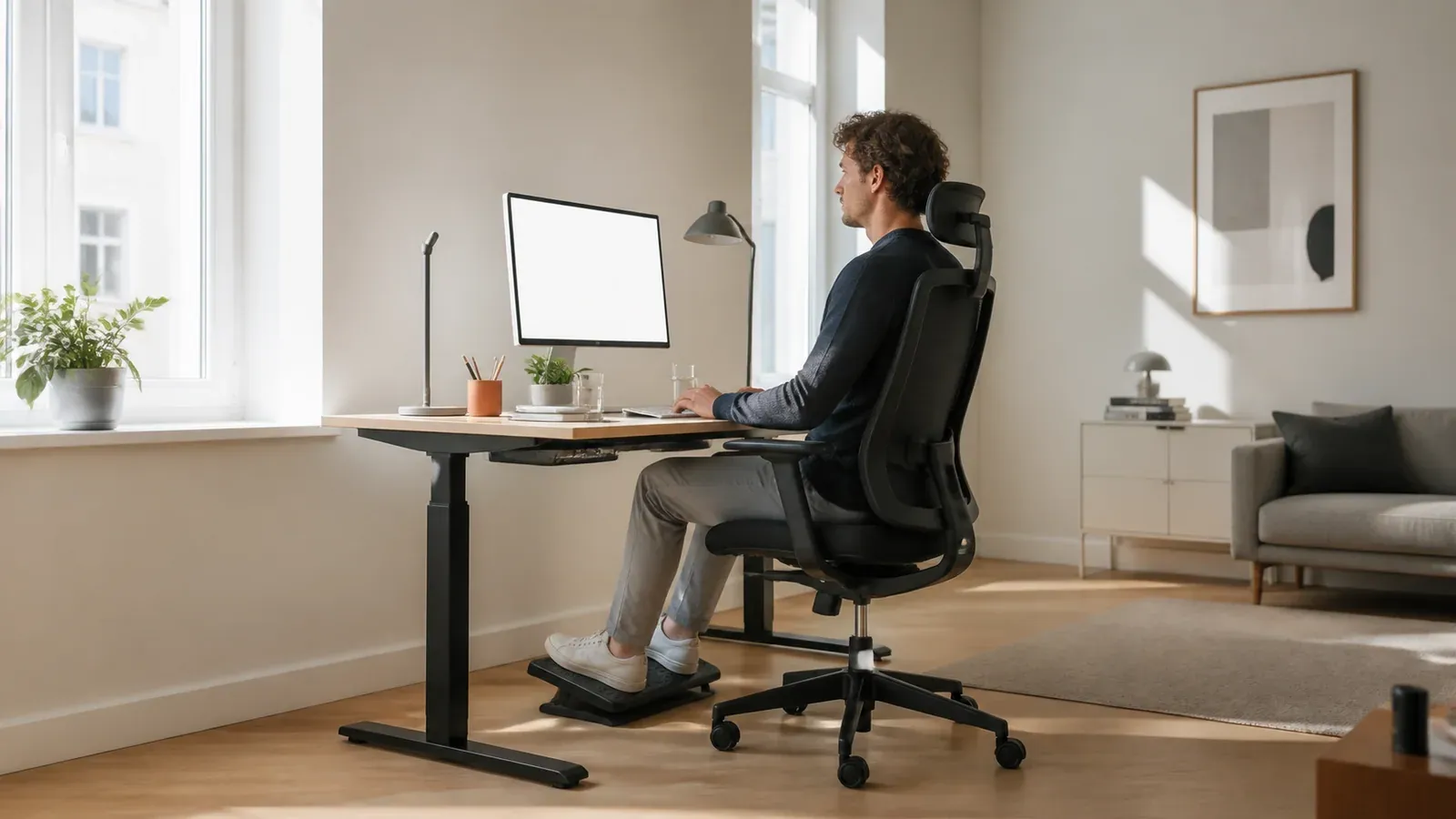 Ergonomisch eingerichteter Arbeitsplatz mit sitzender Person und passender Bildschirmhöhe