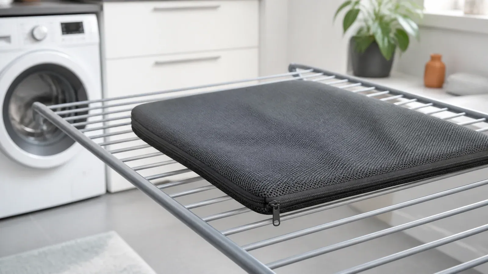 Dunkler Mesh-Sitzkissenbezug trocknet flach mit sichtbarem Reißverschluss und Gewebestruktur