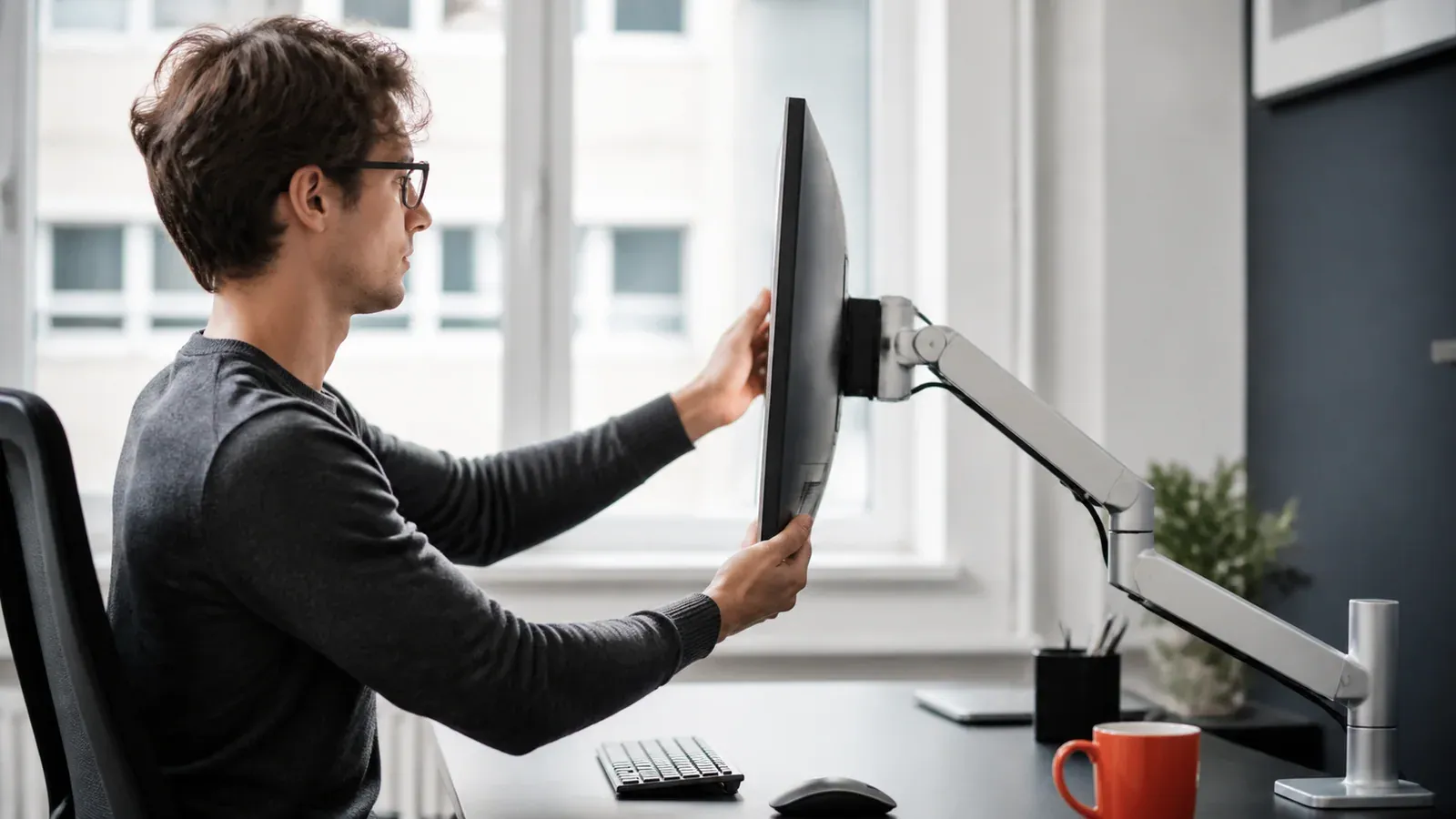 Monitor wird an einem verstellbaren Arm auf eine passende Blickhöhe gebracht