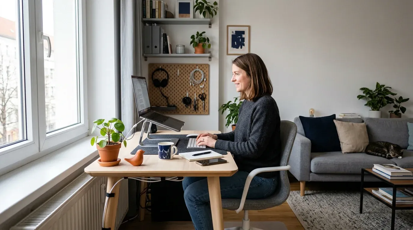 Kompakter ergonomischer Homeoffice-Arbeitsplatz in einer hellen Wohnung