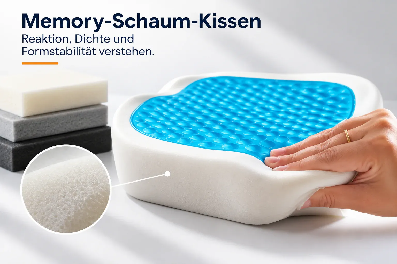 Nahaufnahme von Memory-Schaum bei einer sanften Druckprobe auf einer Arbeitsfläche