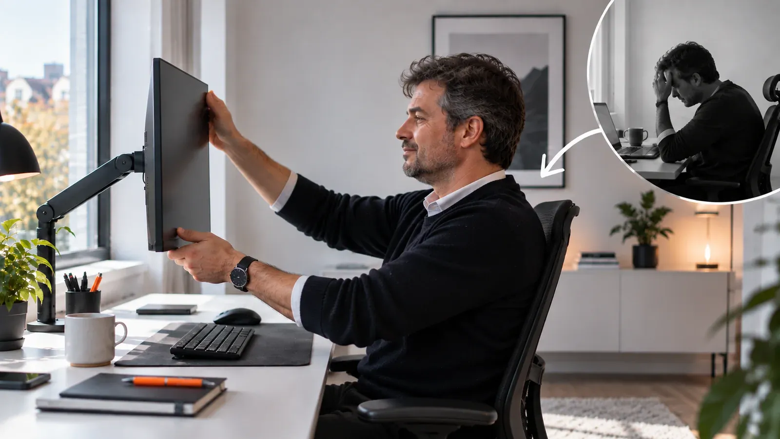 Monitor wird an einem verstellbaren Arm auf eine passende Blickhöhe gebracht