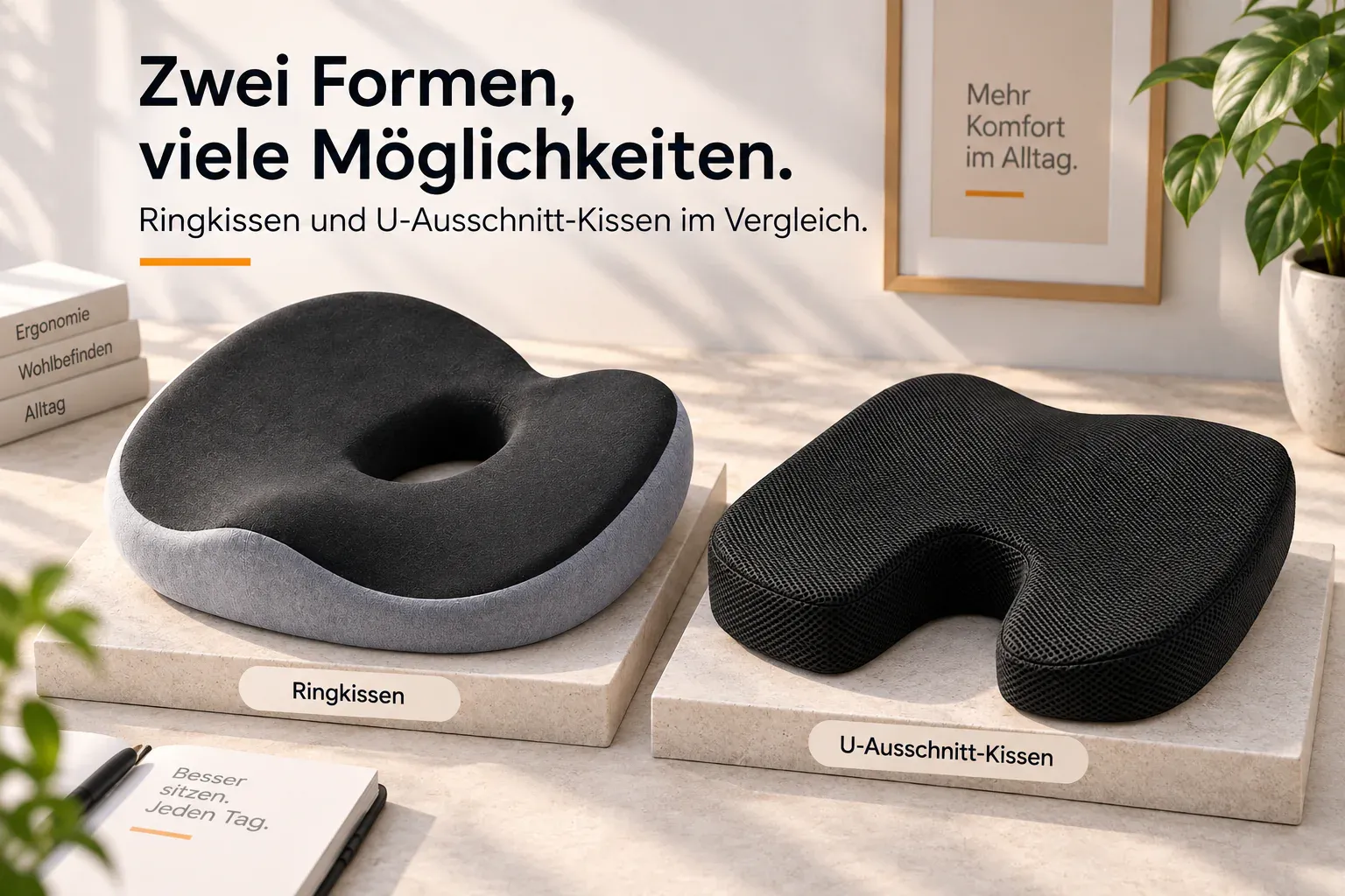 Ringförmiges Sitzkissen mit klar sichtbarer zentraler Öffnung im neutralen Studio