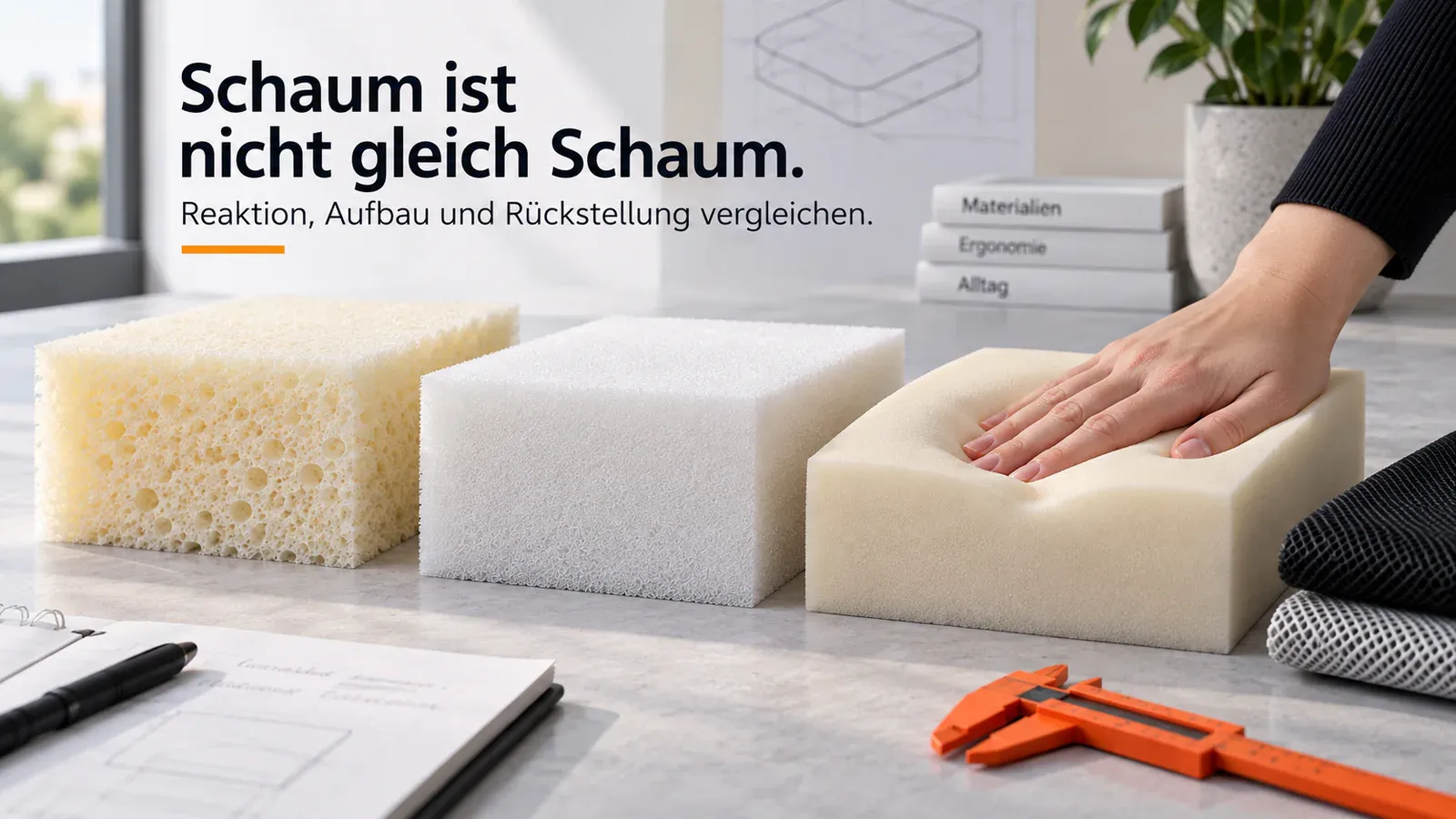 Unterschiedliche Schaumstoffproben mit klar sichtbaren Poren und Schnittkanten im Studio