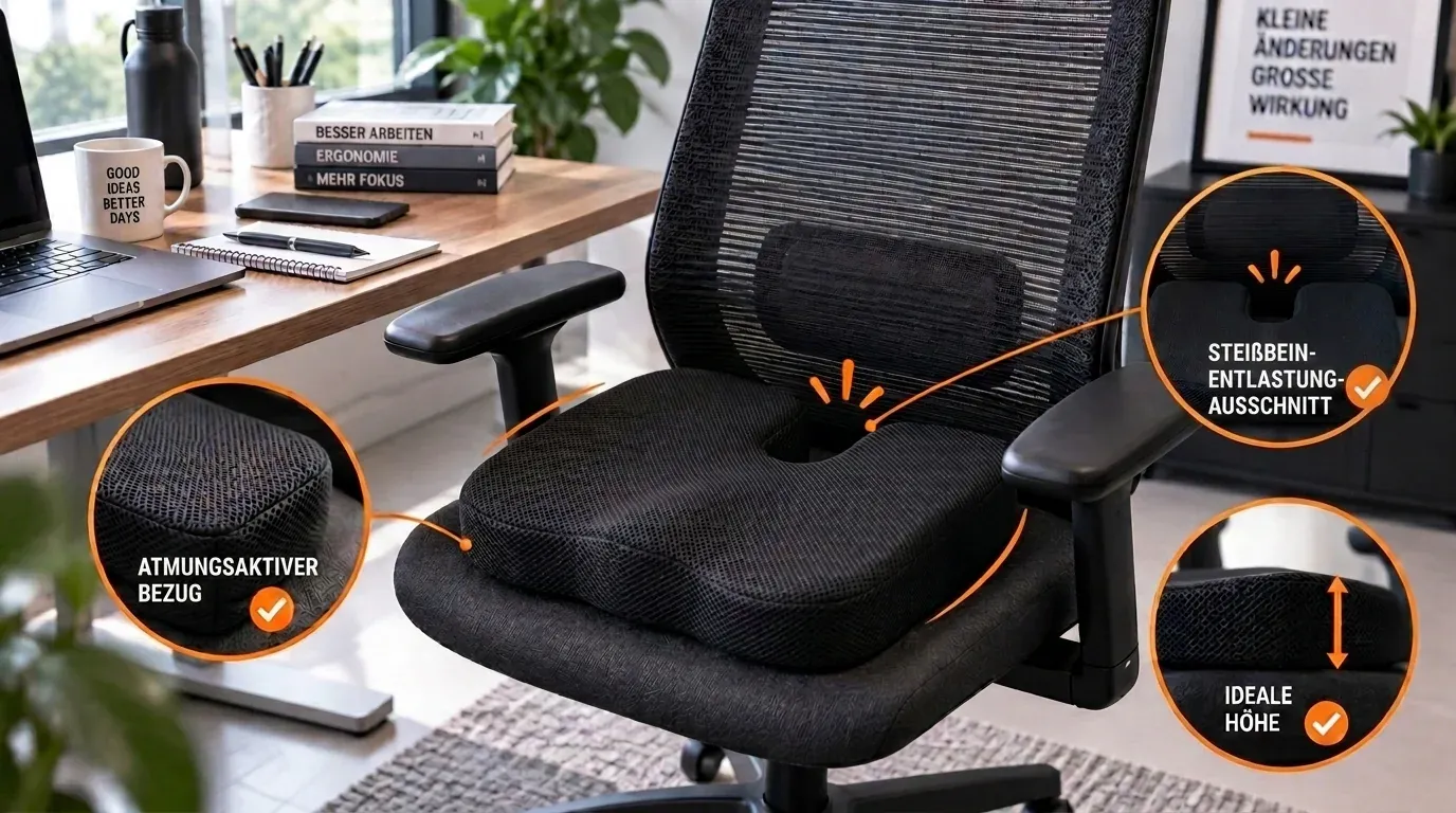 Schwarzes Sitzkissen mit U-Ausschnitt passend auf einem modernen Bürostuhl