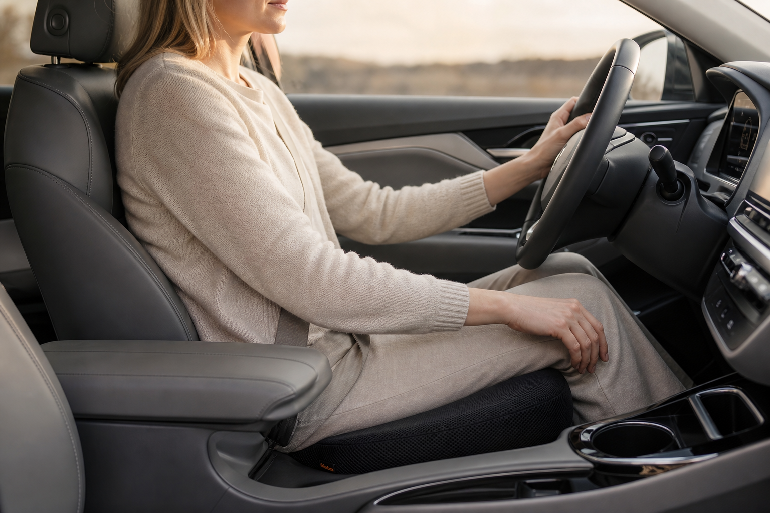 Fahrerin sitzt im modernen Auto auf einem RelaxBrace Sitzkissen