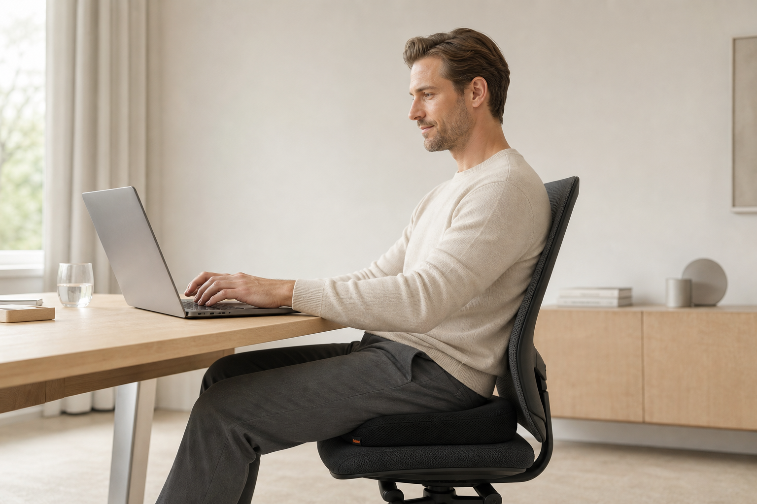 Mann arbeitet im hellen Büro auf einem Bürostuhl mit RelaxBrace Sitzkissen