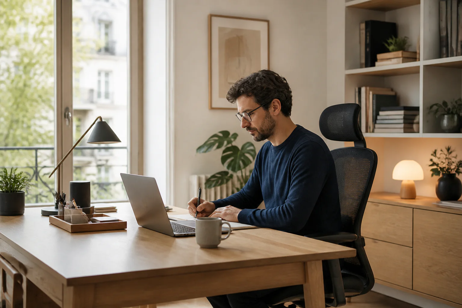 Moderner ergonomischer Arbeitsplatz in einer ruhigen, gut organisierten Umgebung