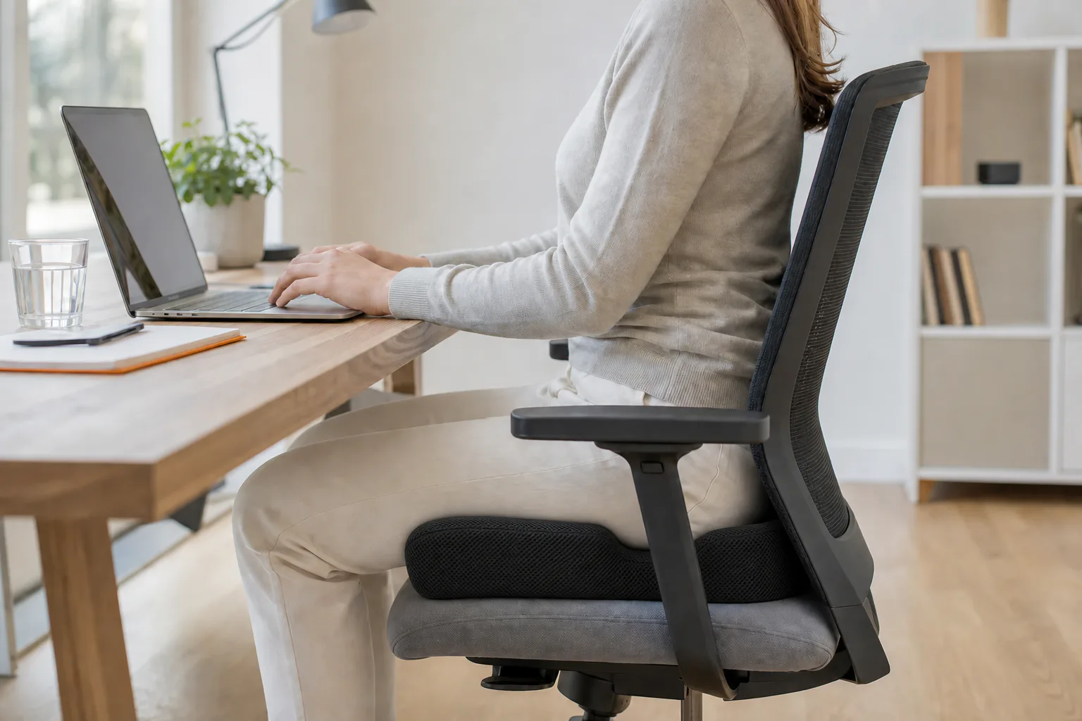Schwarzes RelaxBrace Sitzkissen mit U-Ausschnitt auf einem Bürostuhl